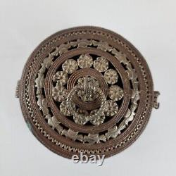 Boîte de rangement circulaire en cuivre étamé indien vintage de 14,3 cm de diamètre