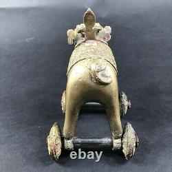 Cast Iron Indian Asian Elephant Pull Toy On Wheels Bronze Colored Vtg Ancient