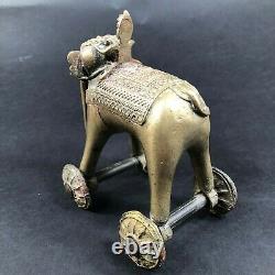 Cast Iron Indian Asian Elephant Pull Toy On Wheels Bronze Colored Vtg Ancient