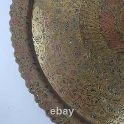 Chargeur en laiton indien vintage avec décoration de paon et de fleurs, diamètre de 58,5 cm