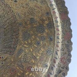 Chargeur en laiton indien vintage avec décoration de paon et de fleurs, diamètre de 58,5 cm