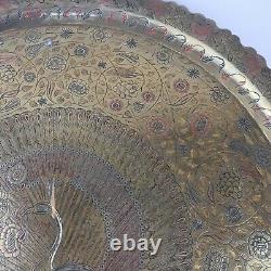 Chargeur en laiton indien vintage avec décoration de paon et de fleurs, diamètre de 58,5 cm