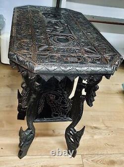 Console Sculptée Victorienne Table Eléphant Tigre Indien Antique Millésime