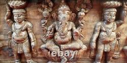 Dieu Hindou Ganesh Lakshmi Saraswathy Vintage Wooden Temple Wall Panel Statue Rare