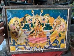 Divinités Ganesha Saraswathi & Lakshmi Puja Diwali Hindou Vintage Encadrées