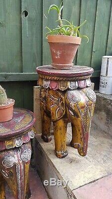 Elephant Sculpté En Bois Vintage Himalaya Plante Stand / Coffetable