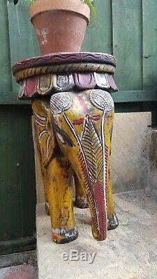 Elephant Sculpté En Bois Vintage Himalaya Plante Stand / Coffetable