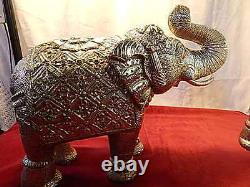 Éléphants D’argent Vintage Sculpté Vintage Indien Oriental Animal Grand 35cm 2.5kg