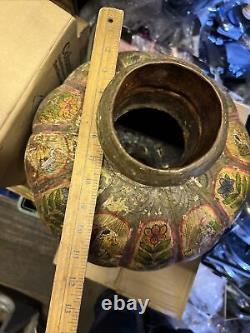 Énorme antique vintage Inde fait main peint métal pot d'eau cruche bouteille vase rare