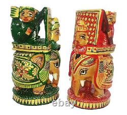 Ensemble d'échecs en bois 5 pièces sculptées à la main, peintes, anciennes et vintage avec des figurines indiennes