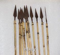 Ensemble de 10 flèches anciennes en bambou avec un véritable arc en plumes vintage des années 1870