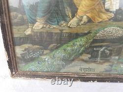 Estampe lithographiée allemande ancienne de Lord Krishna jouant de la flûte.