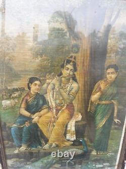 Estampe lithographiée allemande ancienne de Lord Krishna jouant de la flûte.