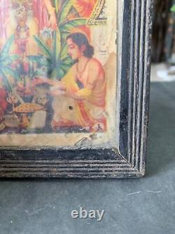Estampe lithographiée encadrée en bois de culte du dieu hindou Satyanarayana vintage 6.5x4.5