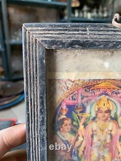 Estampe lithographiée encadrée en bois de culte du dieu hindou Satyanarayana vintage 6.5x4.5