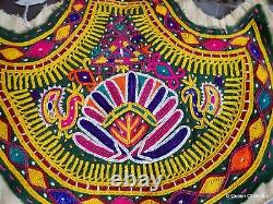 Éventail en broderie du Gujarat, Inde, éventail à main Kutch, paons, femme vintage