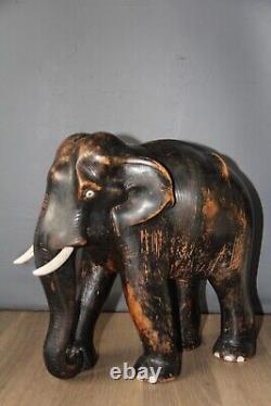 Fabuleux Vintage Début 20ème Décoratif Grand Éléphant En Bois Sculpté