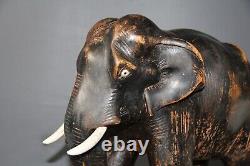 Fabuleux Vintage Début 20ème Décoratif Grand Éléphant En Bois Sculpté