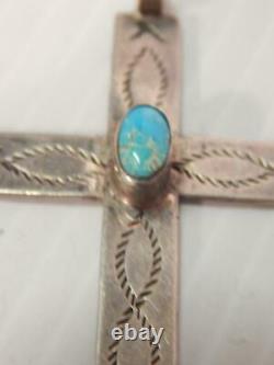 Grand Antique Vintage Navajo Croix Indienne Estampée Main Turquoise Sterling Argent