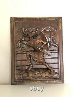 Grand Antique Vintage Panneau De Plaque En Bois Sculpté Chevalier Soldat Saracen Européen