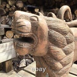Grand Vieux Vieux Indien Asiatique Sculpté Bois Dur Naïf Lion Figure 15.75 Tall Af