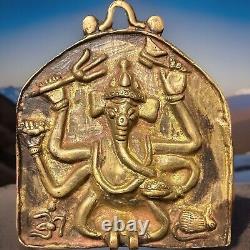 Grand amulette hindoue - Pendentif Ganesh Vintage Antique Rare en bronze, panneau votif pour la puja