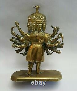 Grande Figurine En Laiton Moulé Indien Vintage Avec Dix-neuf Bras Et Neuf Visages