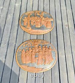 Grande plaque murale ovale vintage en cuivre indien avec relief de déesse dansante dans la forêt