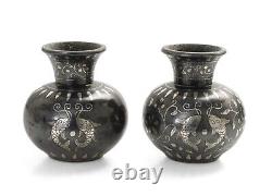 Groupe De 4 Vases D'argent Indien Vintage Bidri Avec Motif De Poisson