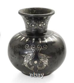 Groupe De 4 Vases D'argent Indien Vintage Bidri Avec Motif De Poisson