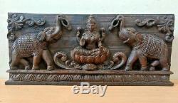 Hindu Goddes Lekshmi Panneau Mural En Bois Vintage Laxmi W Elephant Sculpture Statue