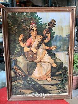 Impression lithographique encadrée de la déesse Sarasvati de Raja Ravi Varma, originale et vintage.