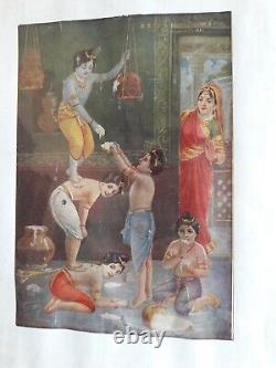 Imprime ancienne vintage sur papier représentant Lord Krishna et ses amis lors d'une scène de pillage de beurre A-72.