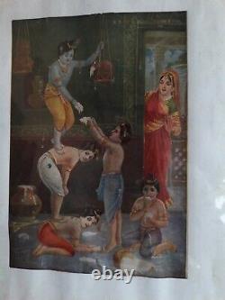 Imprime ancienne vintage sur papier représentant Lord Krishna et ses amis lors d'une scène de pillage de beurre A-72.