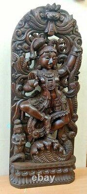 Kaliya Krishna Sculpture Dieu Hindou Statue Krsna Vintage Panneau Mural En Bois Décor