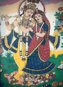 Lithographie En Verre Inverse De L'indien Vintage. Krishna Et Radha, Histoire D'amour Immuable