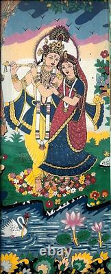 Lithographie En Verre Inverse De L'indien Vintage. Krishna Et Radha, Histoire D'amour Immuable