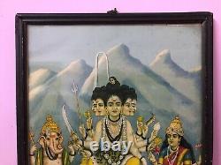 Multi Face Lord Shiva Parvati Ganesha Lithographie Rare Imprimer Antique Vintage Vieux