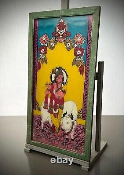 PEINTURE SUR VERRE INDIENNE À L'ENVERS KRISHNA VACHE SACRÉE VINTAGE 20ème siècle