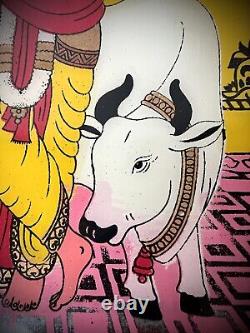 PEINTURE SUR VERRE INDIENNE À L'ENVERS KRISHNA VACHE SACRÉE VINTAGE 20ème siècle