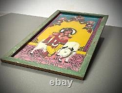 PEINTURE SUR VERRE INDIENNE À L'ENVERS KRISHNA VACHE SACRÉE VINTAGE 20ème siècle