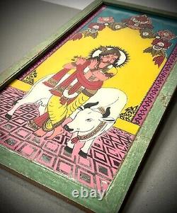 PEINTURE SUR VERRE INDIENNE À L'ENVERS KRISHNA VACHE SACRÉE VINTAGE 20ème siècle