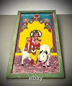 PEINTURE SUR VERRE INDIENNE À L'ENVERS KRISHNA VACHE SACRÉE VINTAGE 20ème siècle