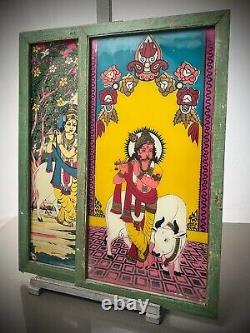 PEINTURE SUR VERRE INDIENNE À L'ENVERS KRISHNA VACHE SACRÉE VINTAGE 20ème siècle