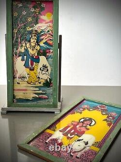 PEINTURE SUR VERRE INDIENNE À L'ENVERS KRISHNA VACHE SACRÉE VINTAGE 20ème siècle