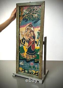 PEINTURE SUR VERRE RÉVERSIBLE INDIENNE VINTAGE KRISHNA ET RADHA AMOUR ÉTERNEL 20e s