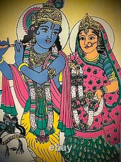 PEINTURE SUR VERRE RÉVERSIBLE INDIENNE VINTAGE KRISHNA ET RADHA AMOUR ÉTERNEL 20e siècle