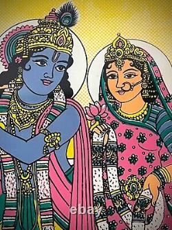 PEINTURE SUR VERRE RÉVERSIBLE INDIENNE VINTAGE KRISHNA ET RADHA AMOUR ÉTERNEL 20e siècle