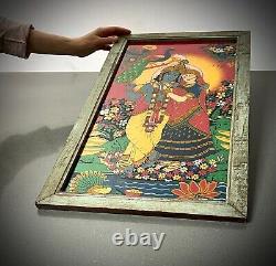 PEINTURE SUR VERRE RÉVERSIBLE INDIENNE VINTAGE KRISHNA & RADHA AMOUR ÉTERNEL 20e siècle