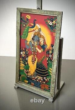 PEINTURE SUR VERRE RÉVERSIBLE INDIENNE VINTAGE KRISHNA & RADHA AMOUR ÉTERNEL 20e siècle